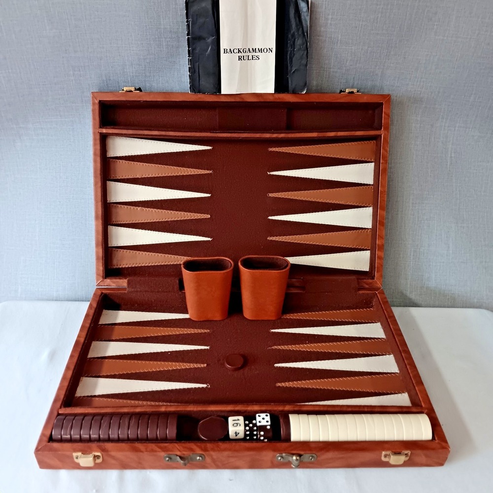 Backgammon Set 1970s Interpur 18 Inch Vintage Brown Cream Case Tournament